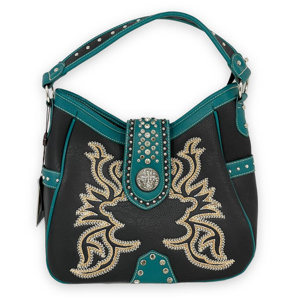 NWT P&G Collecdtion Western Style Handbag Purse Rhinestone Teal Black FLAWS